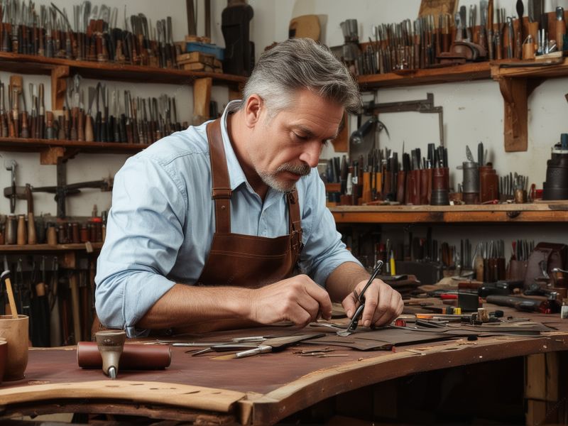 Master leather craftsman working with professional tools in workshop