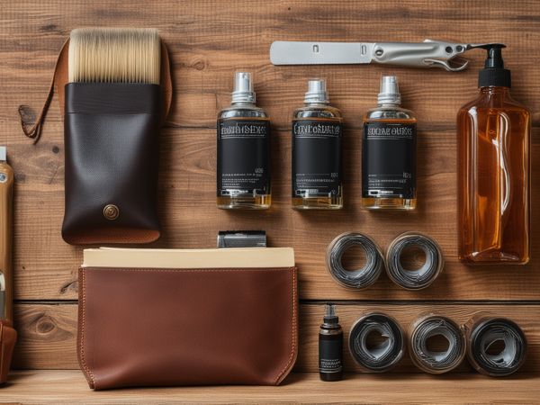 Professional leather care tools and products arranged in workshop