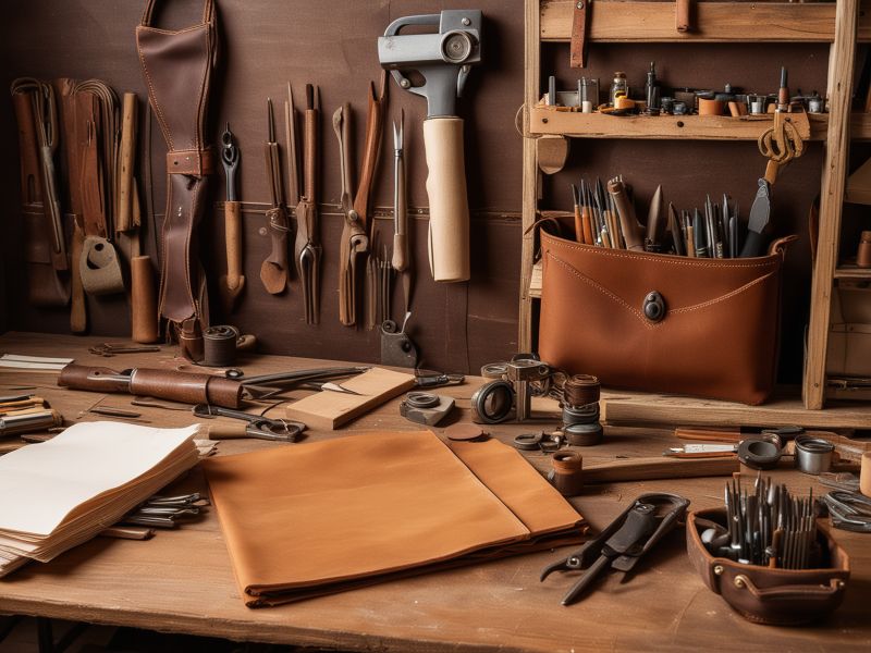 Leather workshop with professional tools and leather materials
