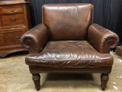Before: Antique leather chair in poor condition with stains and damage